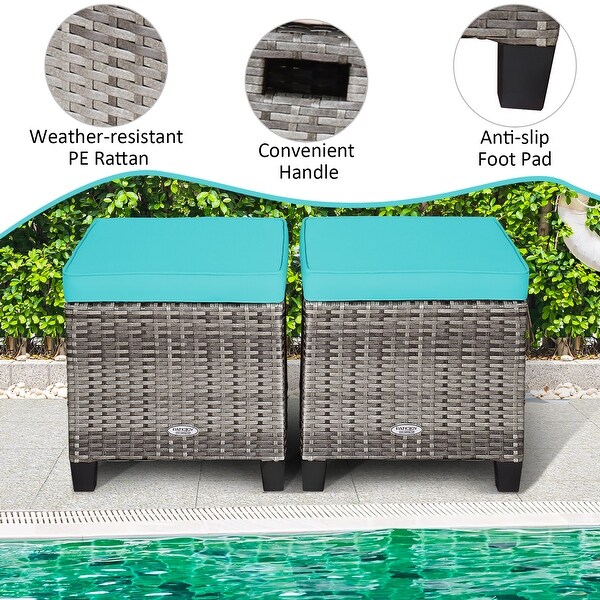 Costway 2PCS Patio Rattan Cushioned Ottoman Seat Foot Rest Table