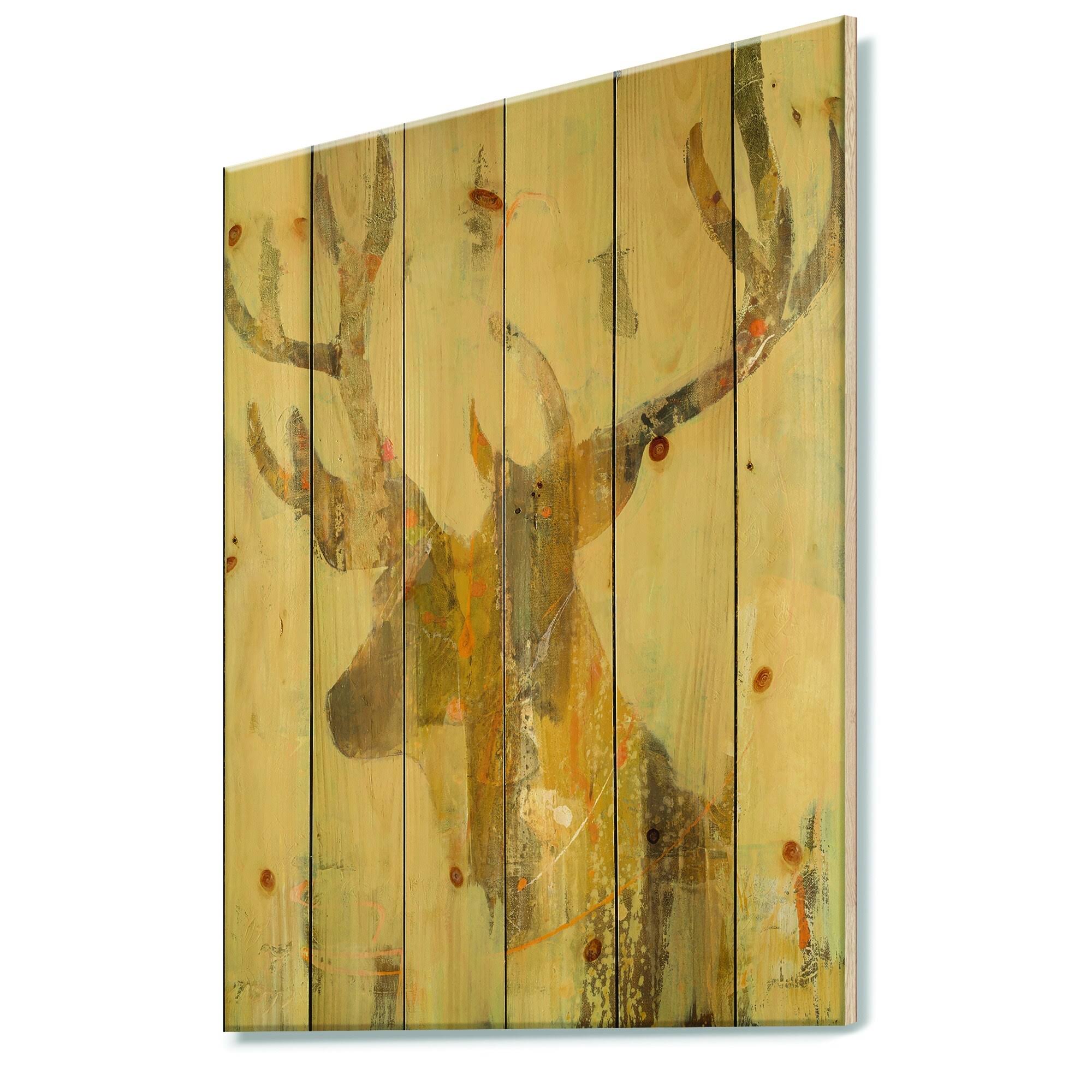Designart &Golden Deer II& Modern Farmhouse Print on Natural Pine Wood - Brown - 34 in. Wide x 44 in. High