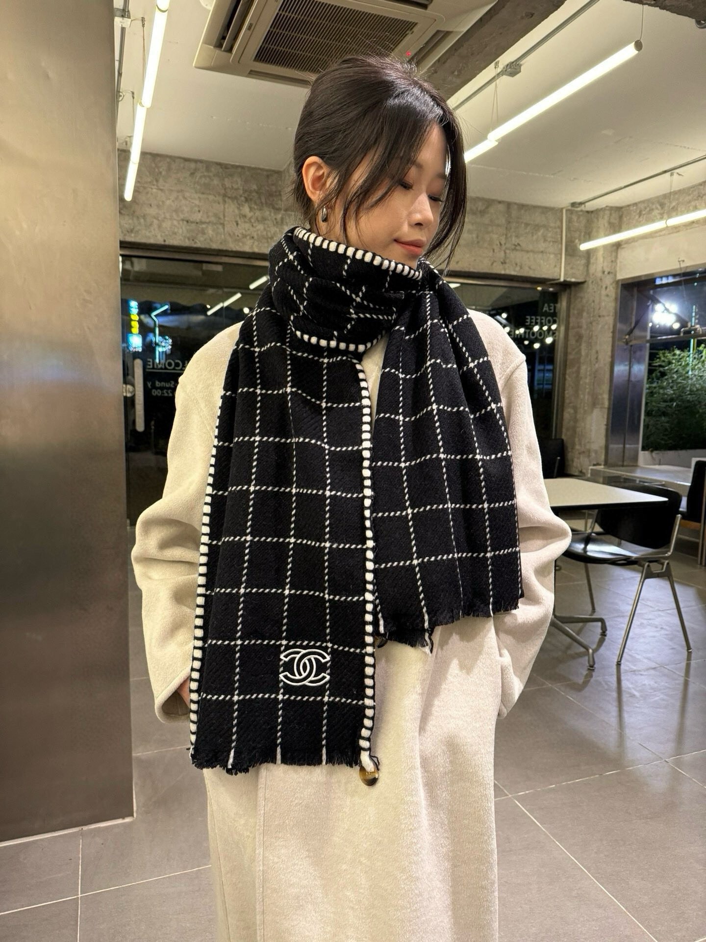 Chanel Cashmere Scarf Checkered Black For Women 185cm