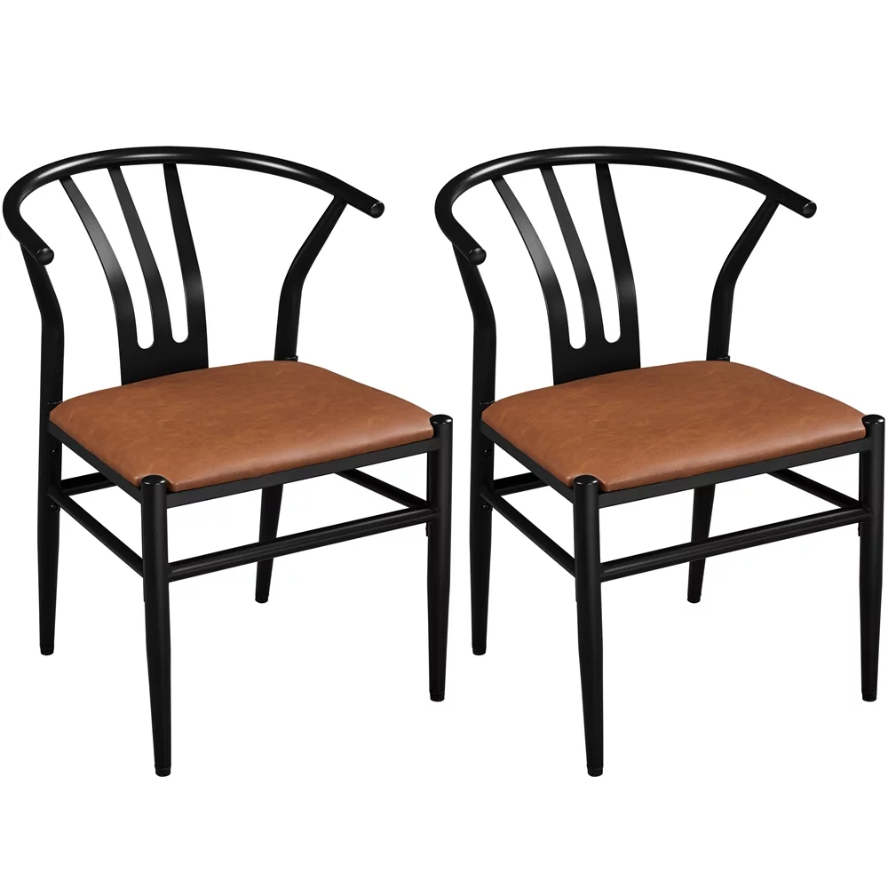 SmileMart 2PCS Faux Leather Upholstery Dining Chairs with Metal Frame for Kithcen, Retro Brown