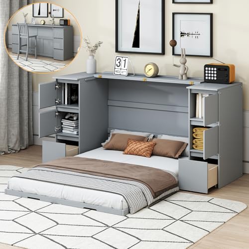 Full Size Murphy Bed with Drawers, Cabinets and USB Ports,Wood Murphy Bed Cabinet Bed Removable Shelves,Space-Saving Hidden Platform Bed for Guest Bedroom,Guest Room,Home,Office,Gray