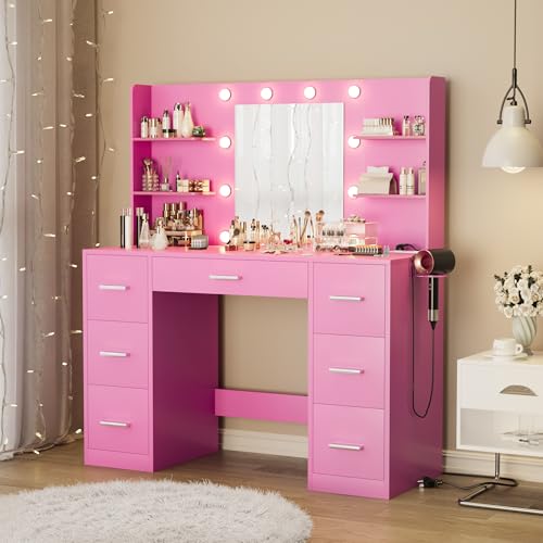 Furmax Vanity Desk with Mirror, LED Lights and Power Outlet Makeup Vanity Table with 7 Drawers and 6 Storage Shelves Dressing Table for Bedroom Dressing Room (White)