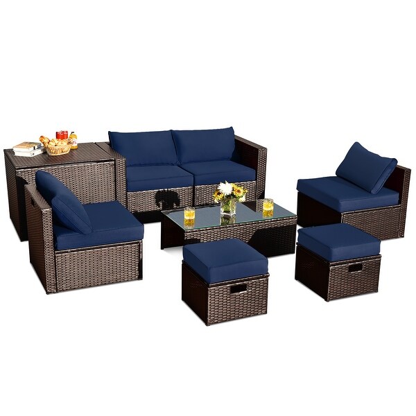 Gymax 8PCS Patio Rattan PE Wicker Conversation Set AllWeather