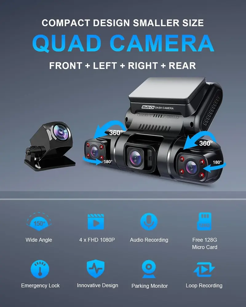 PRUVEEO 360° Vehicle Dash Cam – Built-in GPS, Night Vision, Wi-Fi, All-Weather Parking Monitoring & Free 128GB SD Card