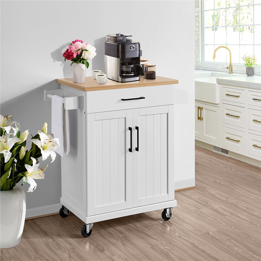 Yaheetech Rolling Kitchen Island Cart with Spice Rack Storage and Towel Rack and Drawer for Dining Rooms Kitchens Living Rooms,White