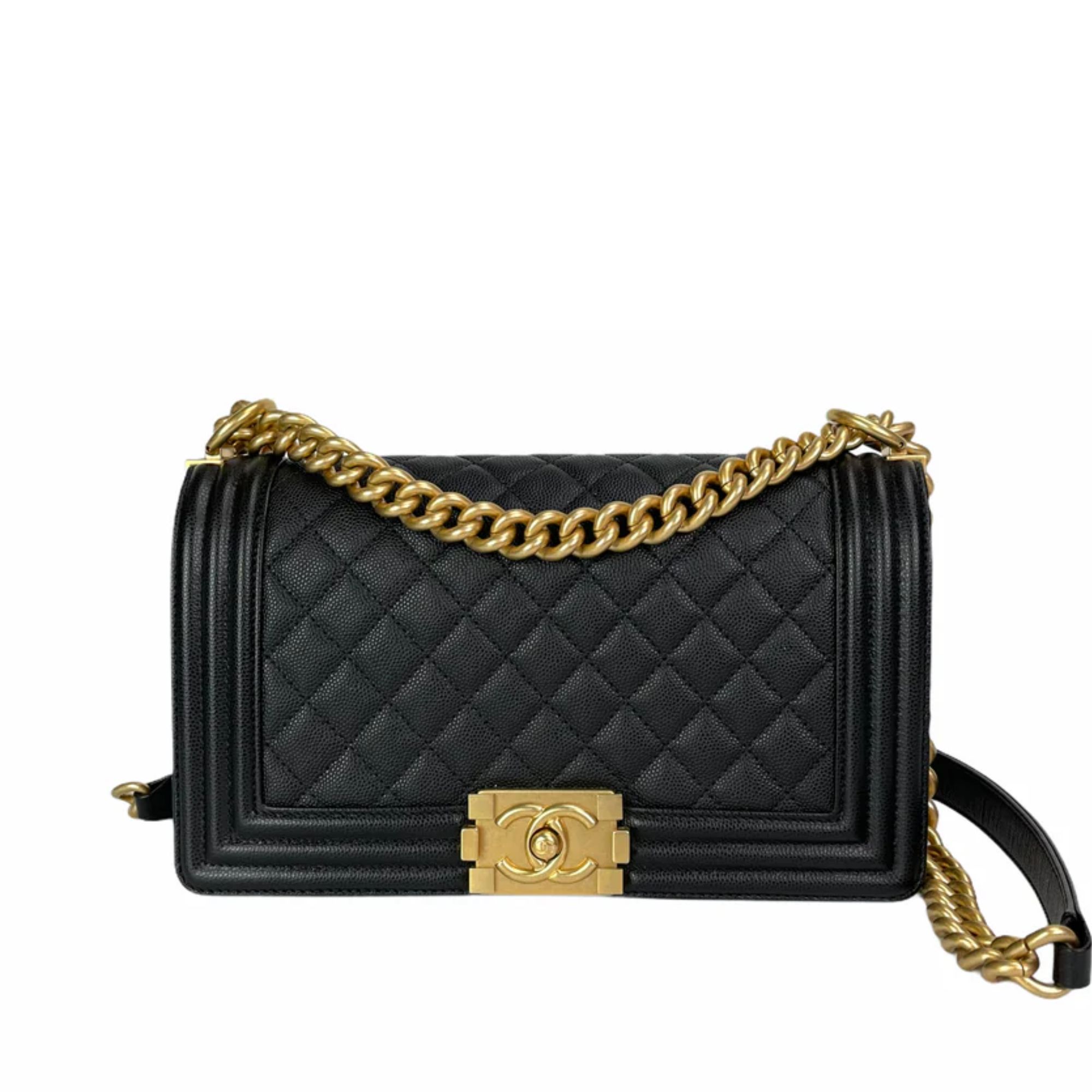 Chanel Medium Boy Quilted Gold Chain Black 25Cm