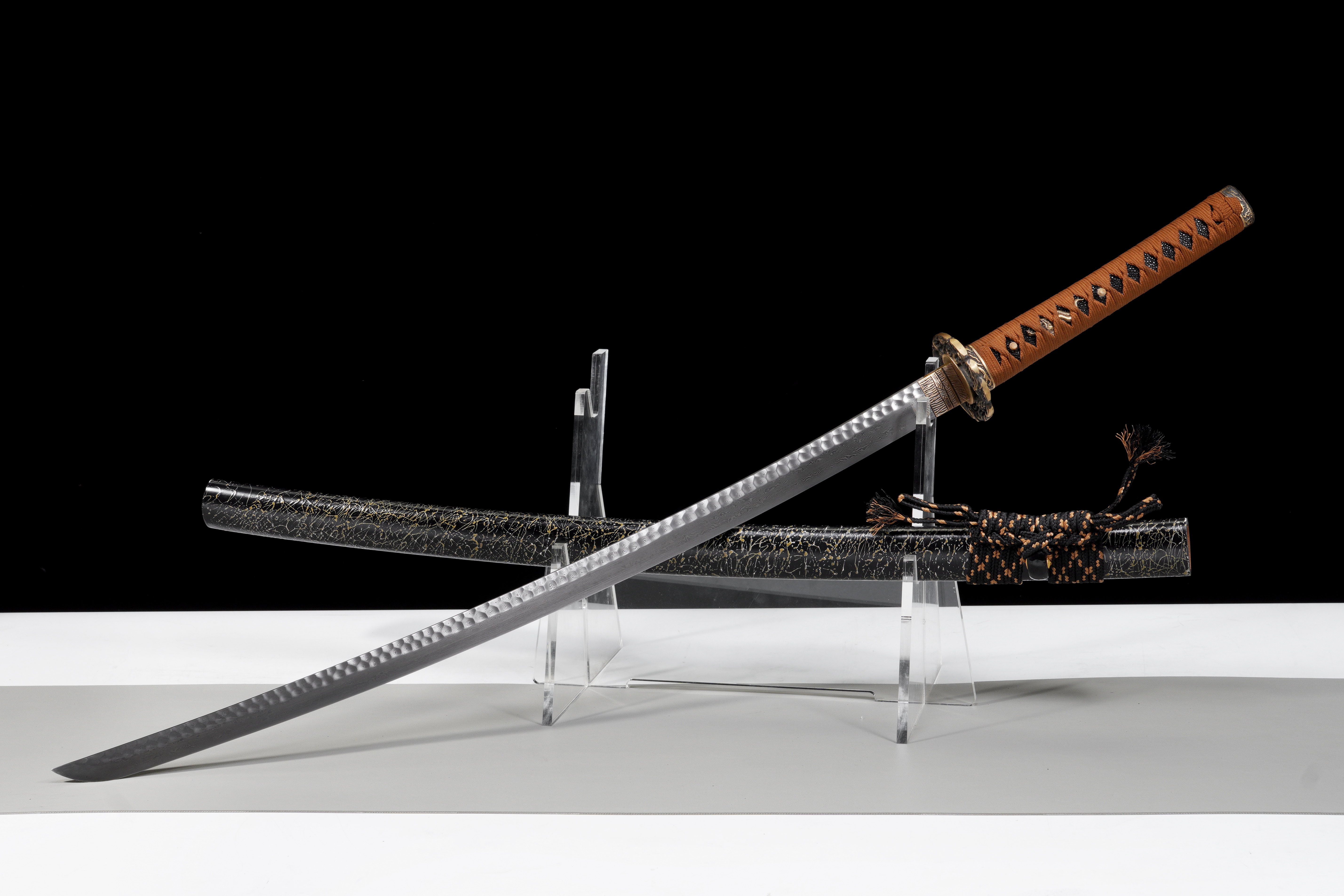 Handmade Katana Damascus Steel Night Rain Golden Dragon Full Tang