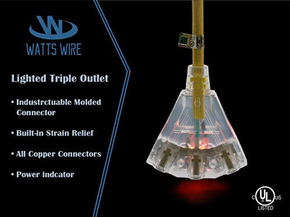 6-ft 12/3 Heavy Duty 3-Outlet Lighted SJTW Indoor/Outdoor Extension Cord by Watt's Wire - Short Yellow 6' 12-Gauge Grounded 15-Amp Three-Prong Power-Cord (6 foot 12-Awg)