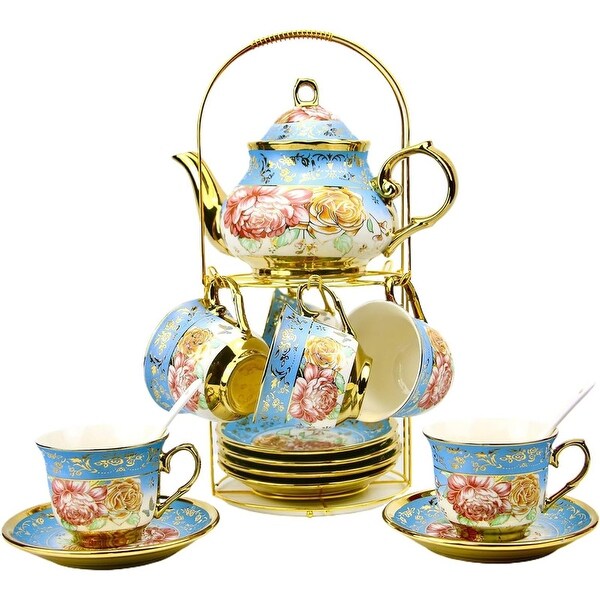 20 Pieces Porcelain Chinese Tea Set With Holder,Painting,Sky Blue