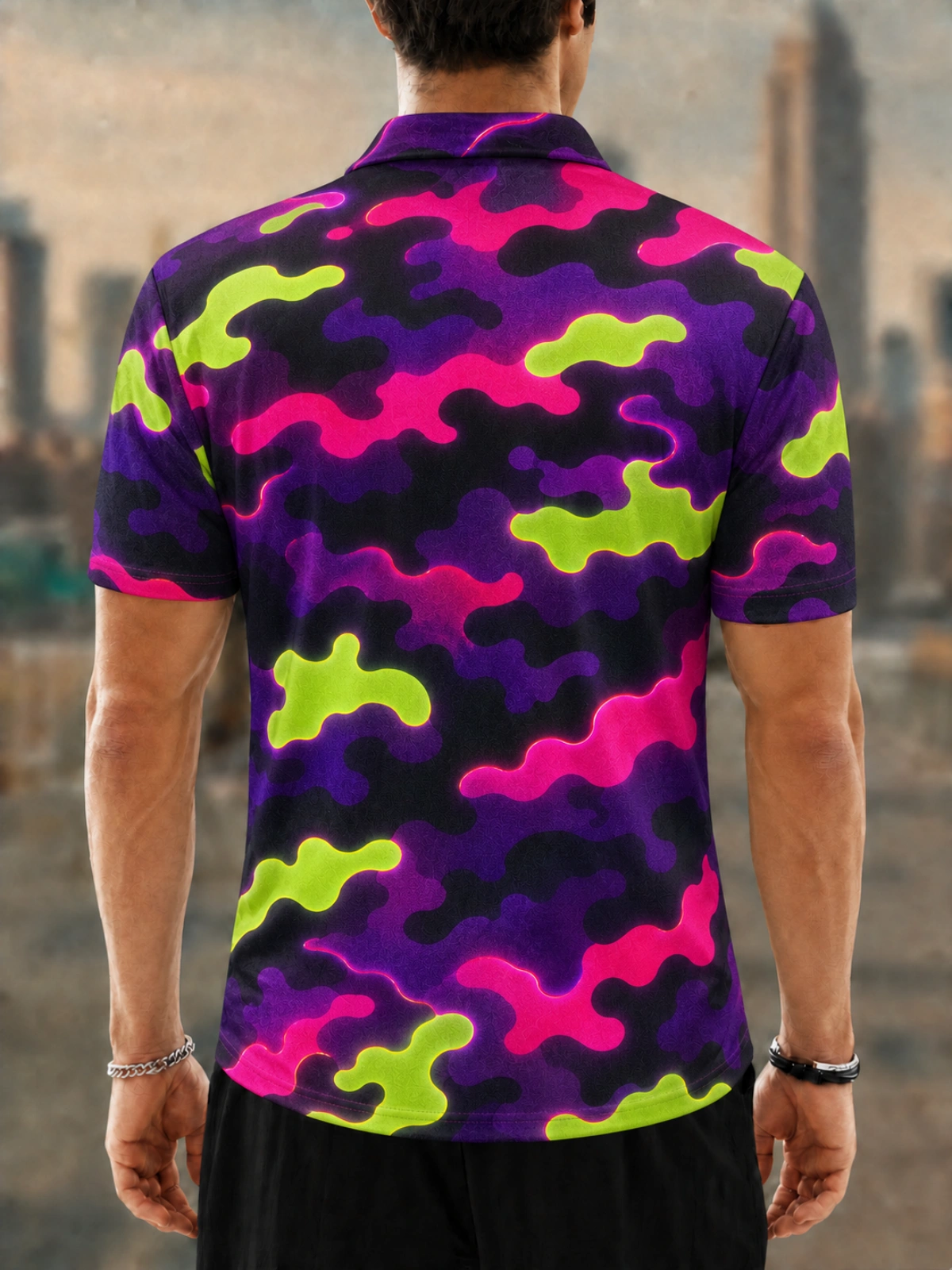 Moisture Wicking Golf Polo 3D Neon Pink Purple Green Camo All Over Print Button Short Sleeve Golf Polo Shirt