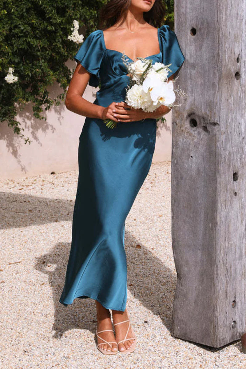 Elegant Satin A-Line Maxi Dress with Flutter SleevesClistos