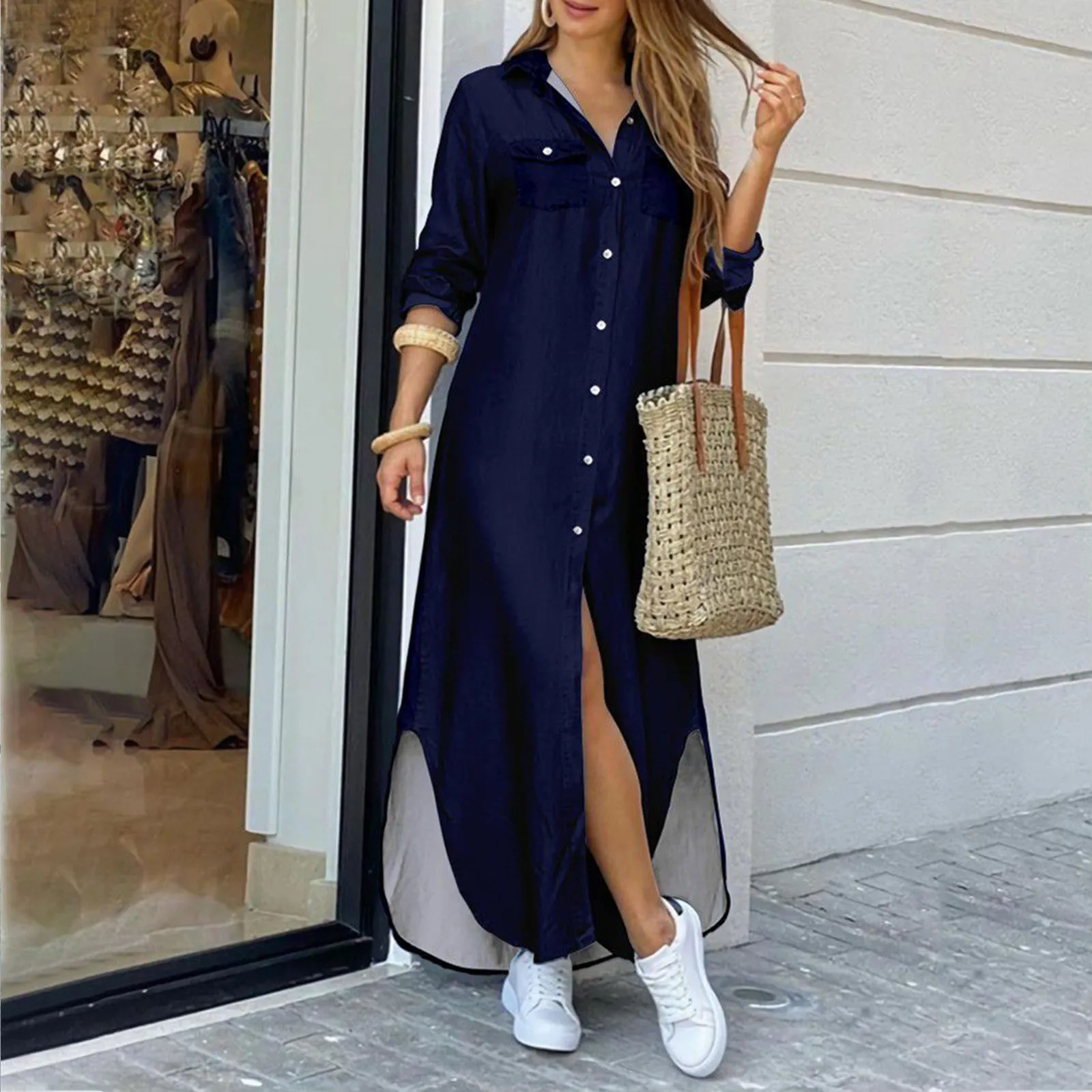 Collared Maxi Shirt Dress with SlitClistos