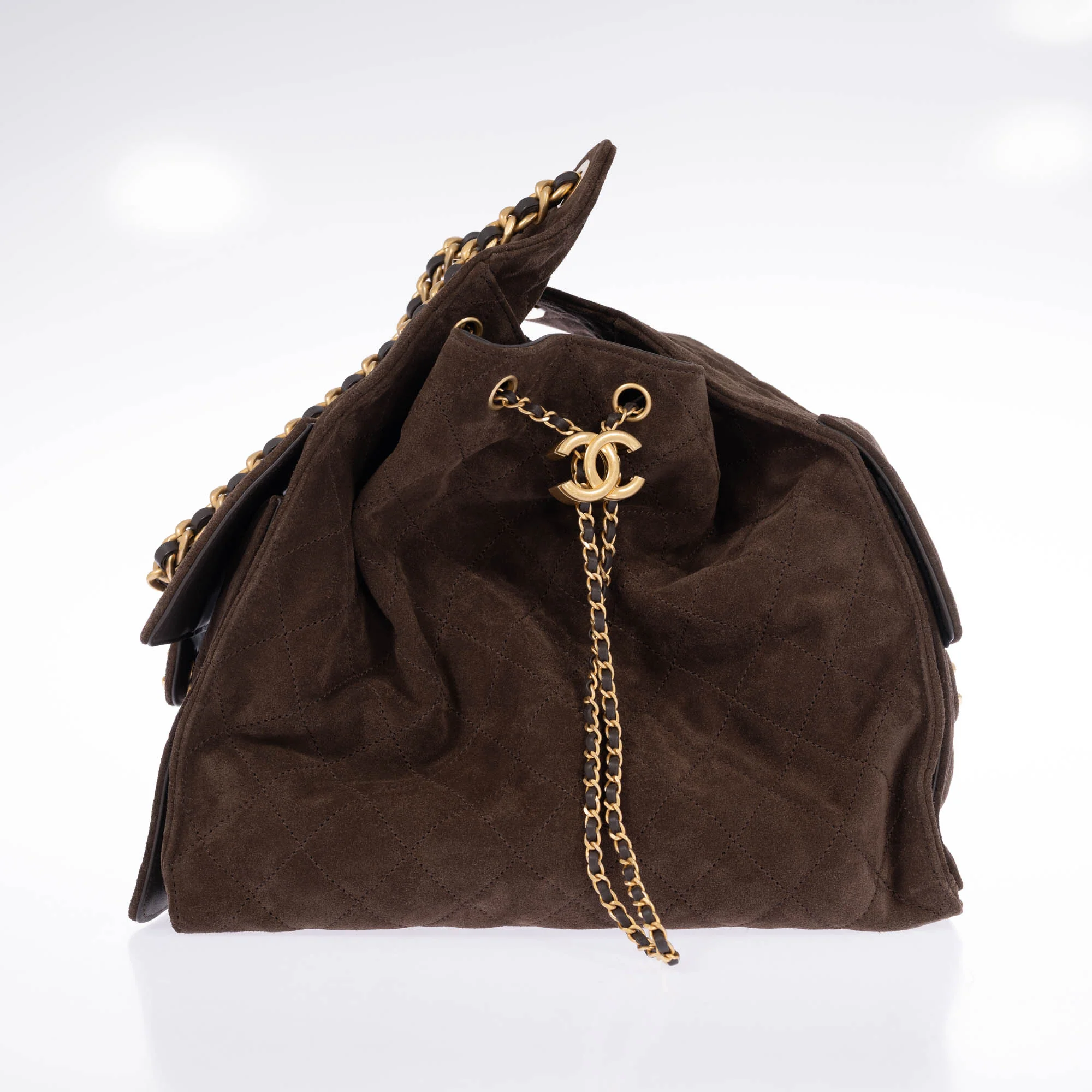 Chanel 25 Medium Handbag Dark Brown Quilted Suede Gold Hardware