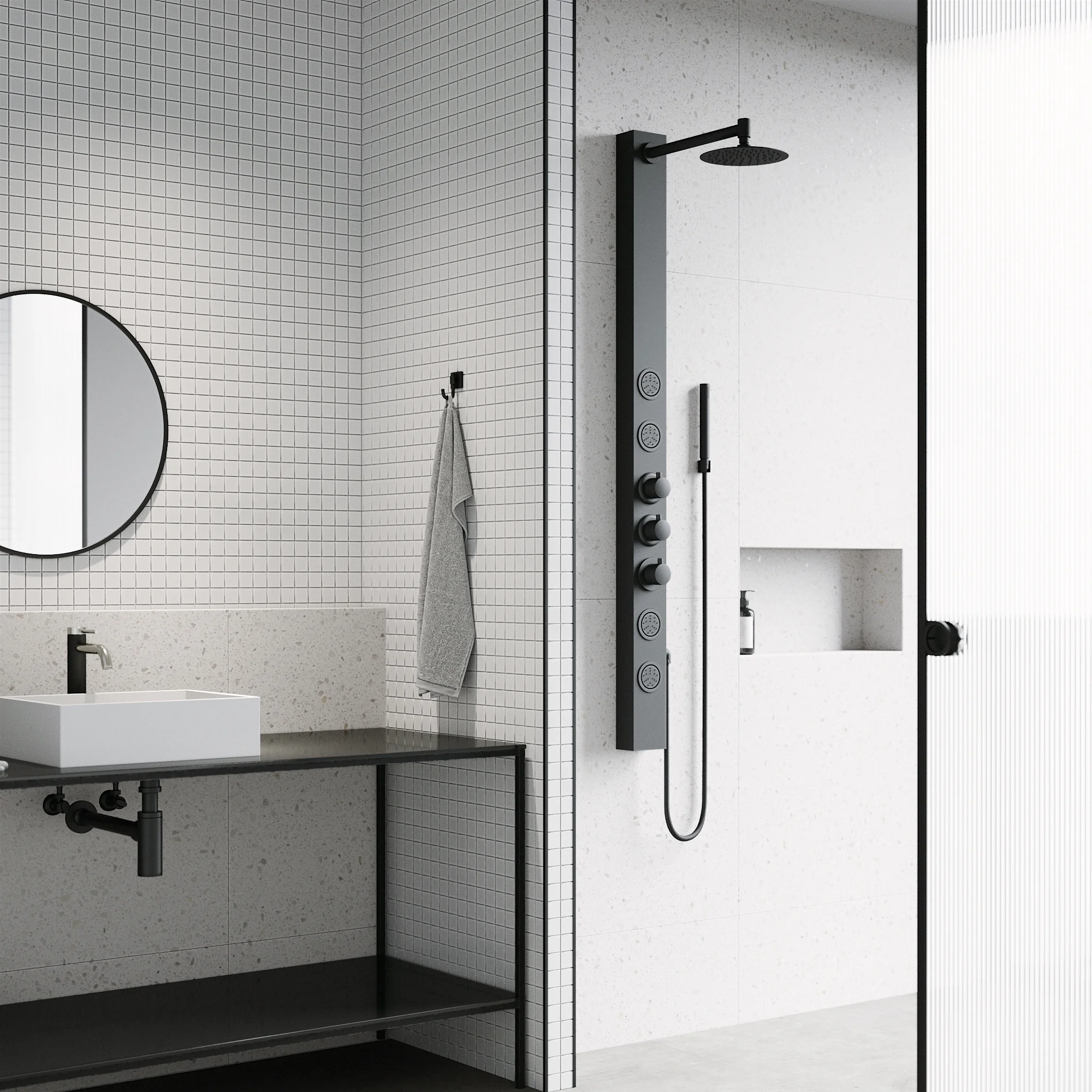 VIGO Sutton 58 in. H x 4 in. W 4-Jet Shower Panel System with Adjustable Round Head and Hand Shower Wand in Matte Black