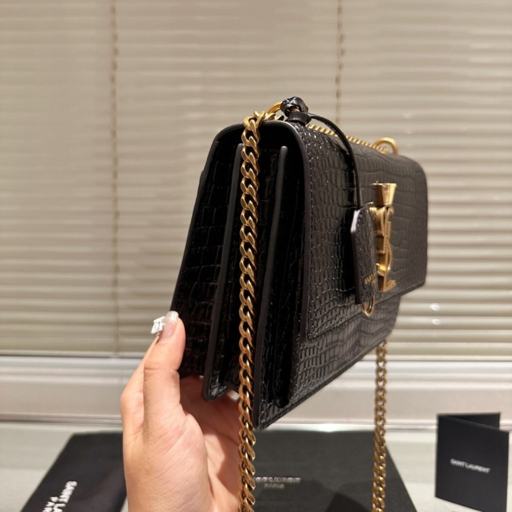Saint Laurent Sunset Medium In Crocodile Embossed Leather Black 22Cm
