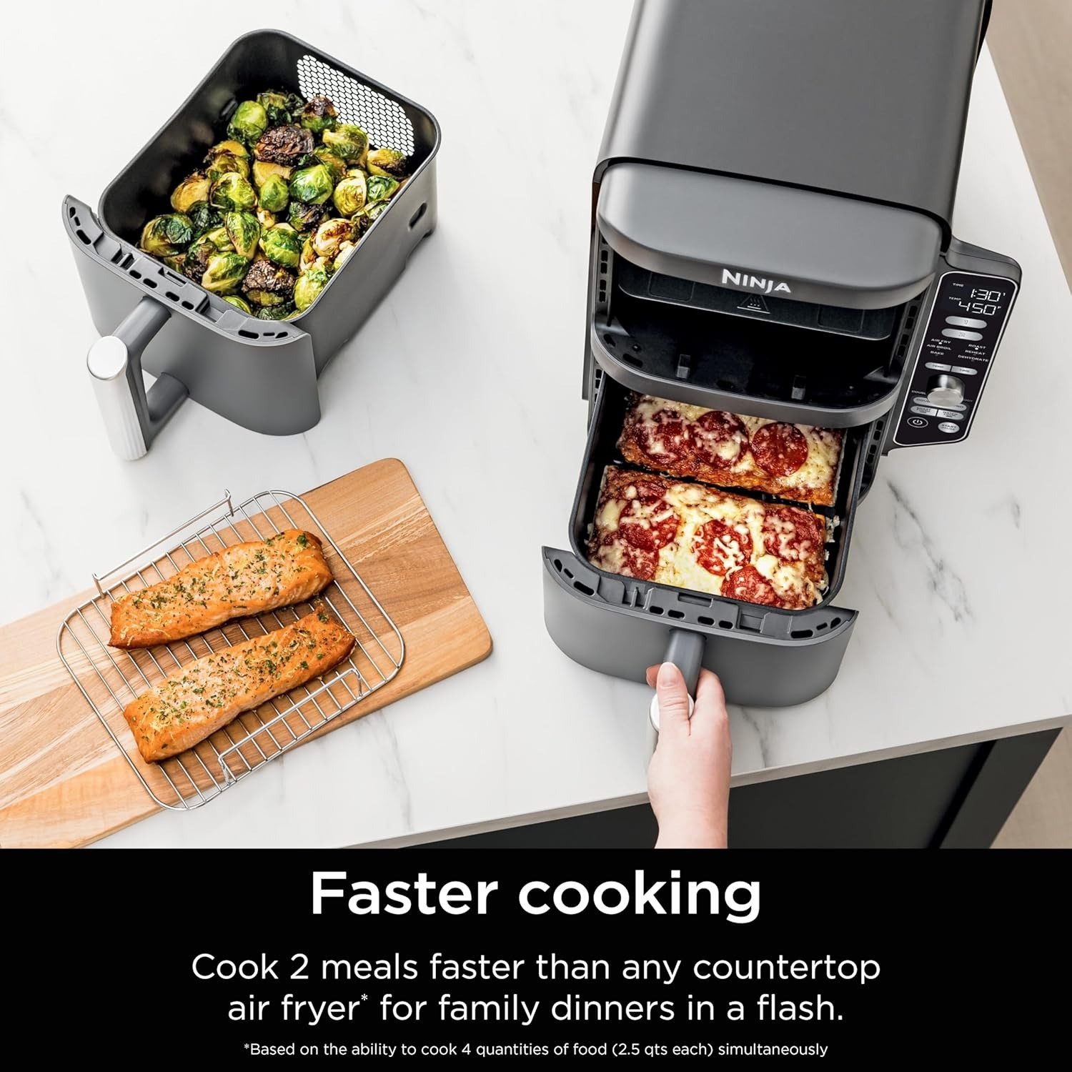 10QT DoubleStack 2-Basket Air Fryer, 4-Food Cooking, Smart Finish, Space-Saving Design, Grey