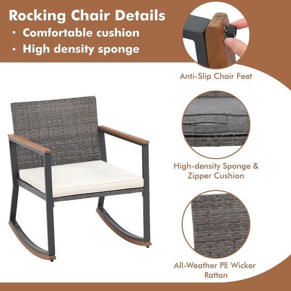 3 Piece Rocking Chair Patio Bistro Set Balcony Chairs Conversation Sets With Coffee Table and Cushions