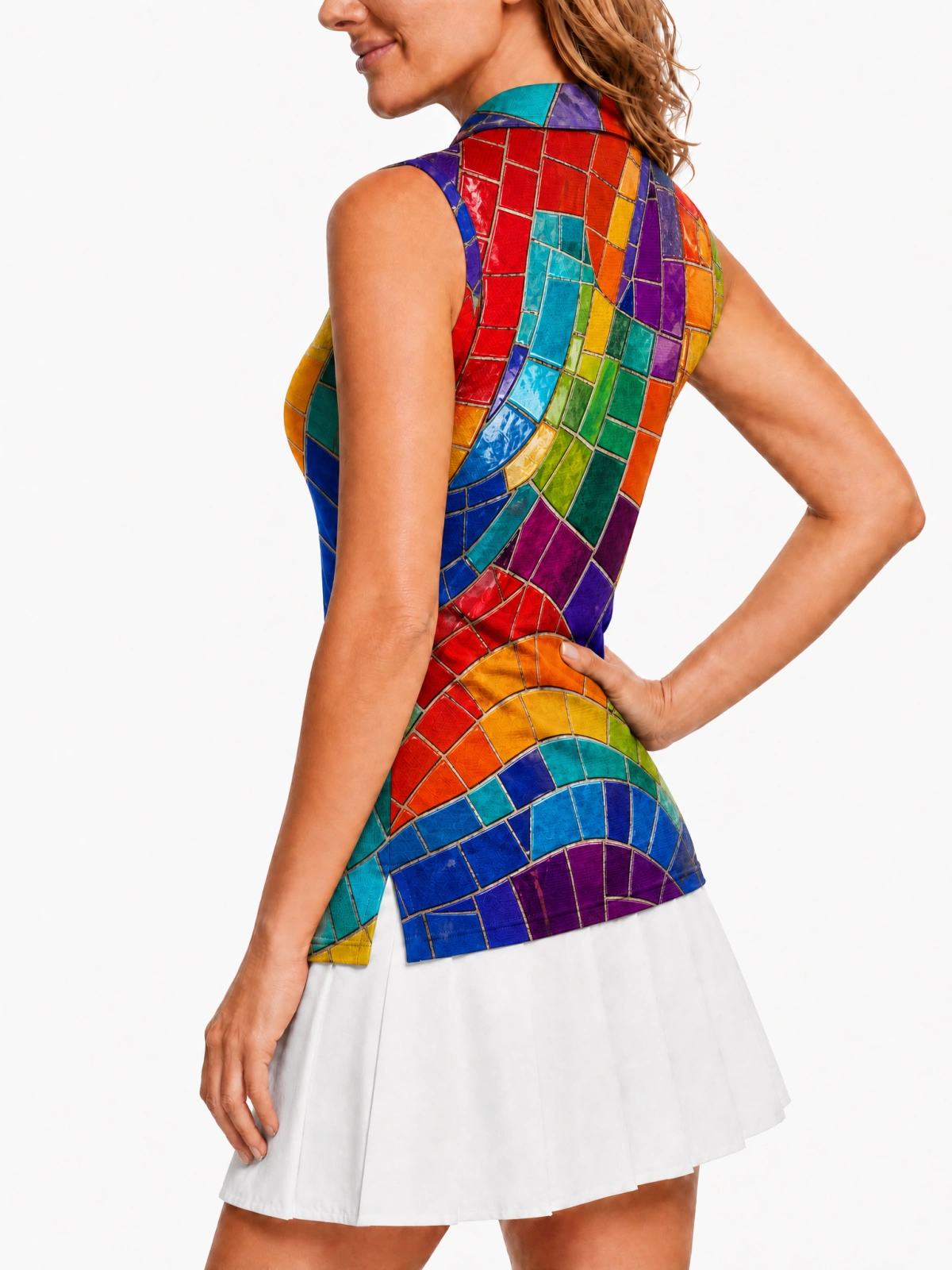 Women Sleeveless Quick Dry Golf Polo Shirt, Colorful Mosaic Stained Glass Print