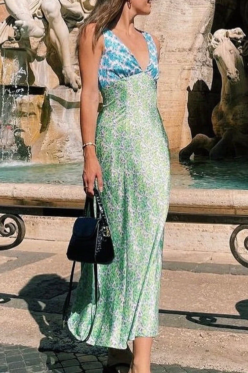 Geometric Print V-Neck Sleeveless Maxi DressClistos