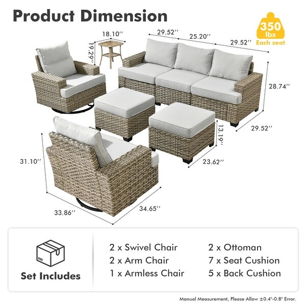 OVIOS 8 Pieces T shaped Seat Wide Armrest Swivel Chair Set With Ottoman