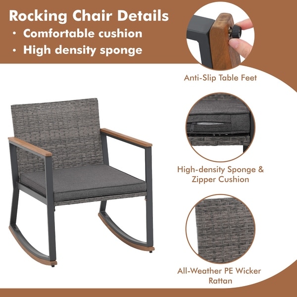 3 Piece Rocking Chair Patio Bistro Set Balcony Chairs Conversation Sets With Coffee Table and Cushions