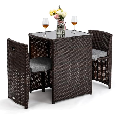Bonnlo 3 PCS Wicker Outdoor Patio Bistro Set, Patio Furniture Set for Small Space with Glass Top Table Dining Chairs, Balcony Furniture Patio Table and Chairs Set of 2 for Garden Yard Porch (Brown)