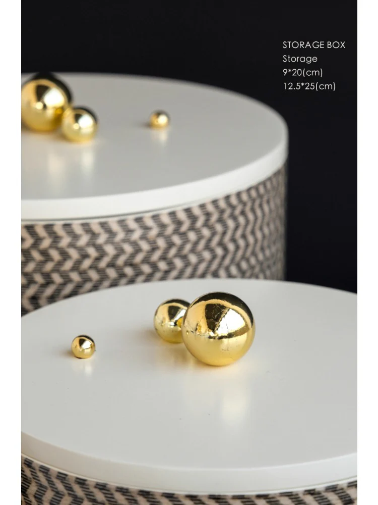DC076 (Small) - Home Exclusive Loro Piana Chevron Copper Gold Handle Round Storage Box Living Room Sideboard Decoration
