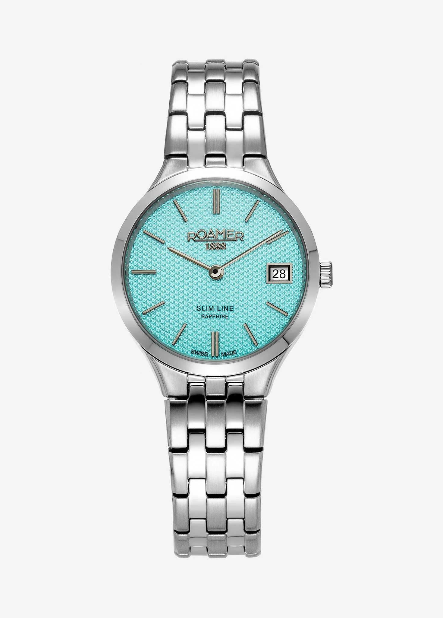 Slim Line Classic Ladies 30mm Quartz Two-Hand Date Sky Blue Dial Silver Bracelet Sapphire glass Stainless Steel swiss watch