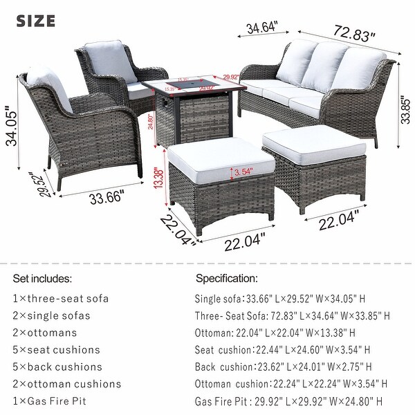 OVIOS Grey Wicker 6piece Patio Furniture Set With Fire Pit