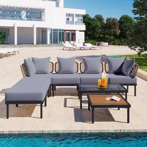 Outdoor Patio Chair and Ottoman Sets,8Piece Garden Sectional Sofa Set with Tempered Glass Coffee Table and Wood Coffee Table