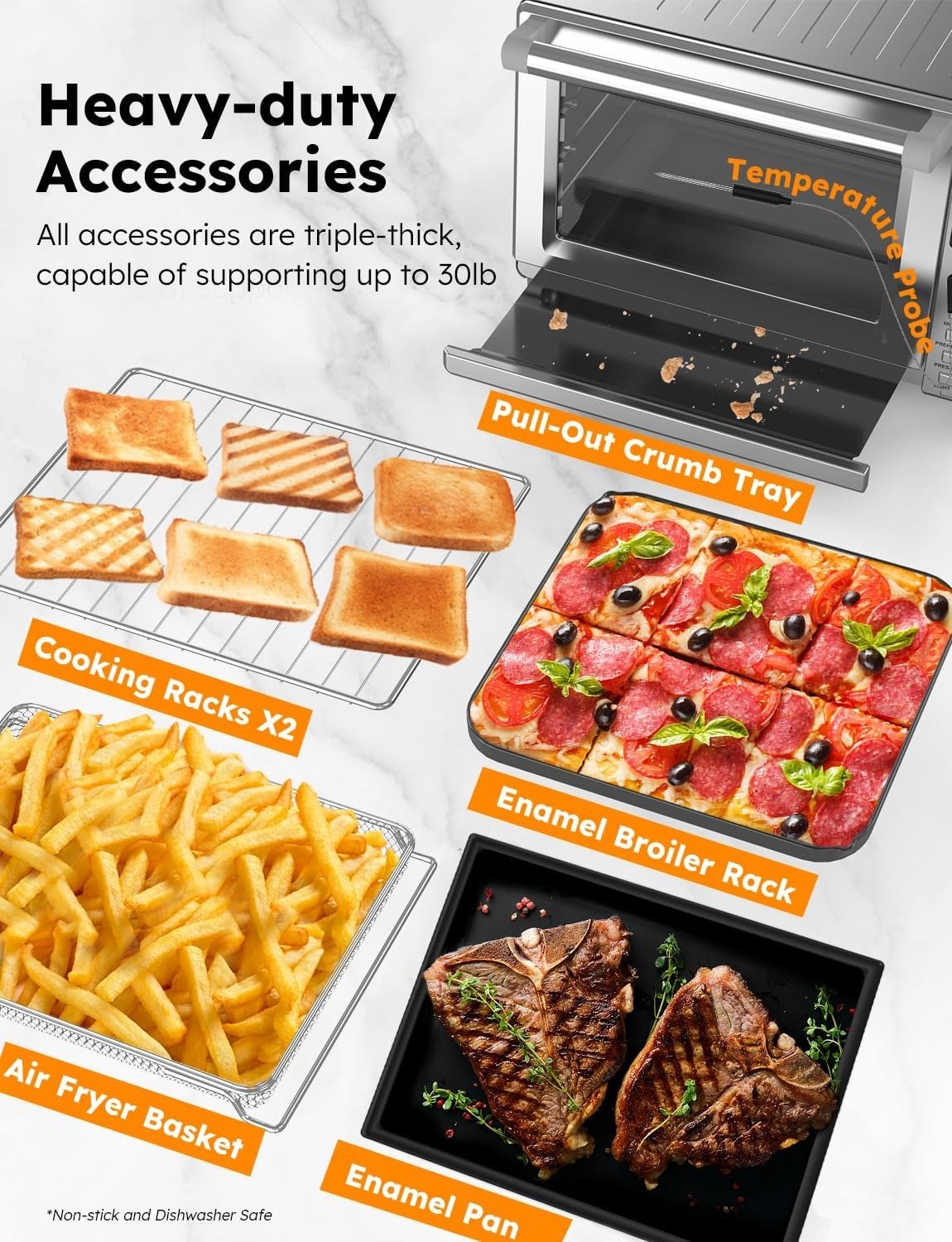 30QT 12-in-1 Air Fryer Toaster Oven, 100% Super Convection, 100 Presets, Smart Probe, 50-500°F, PFAS-Free, Brushed Stainless Steel