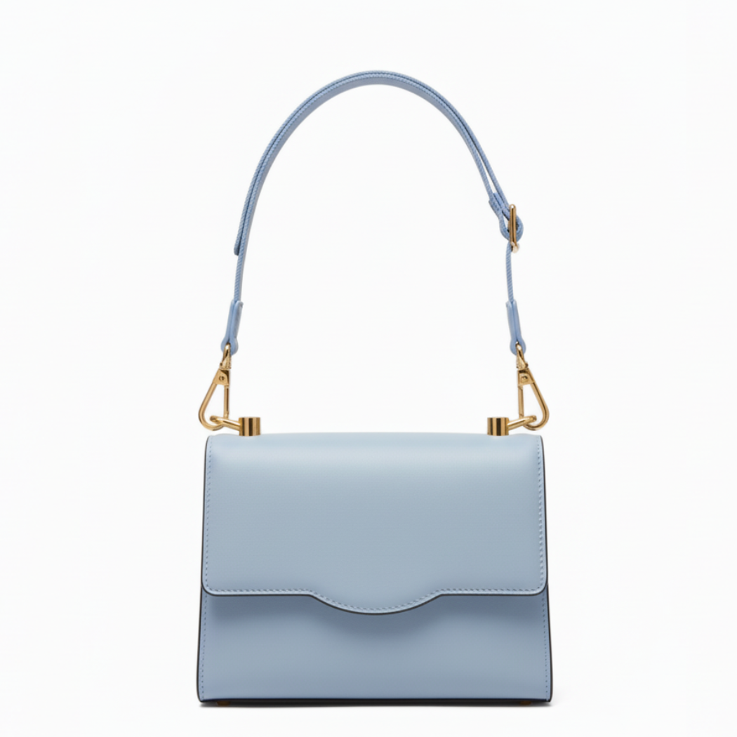 Dusty Blue Scallop-Flap Leather Crossbody Bag