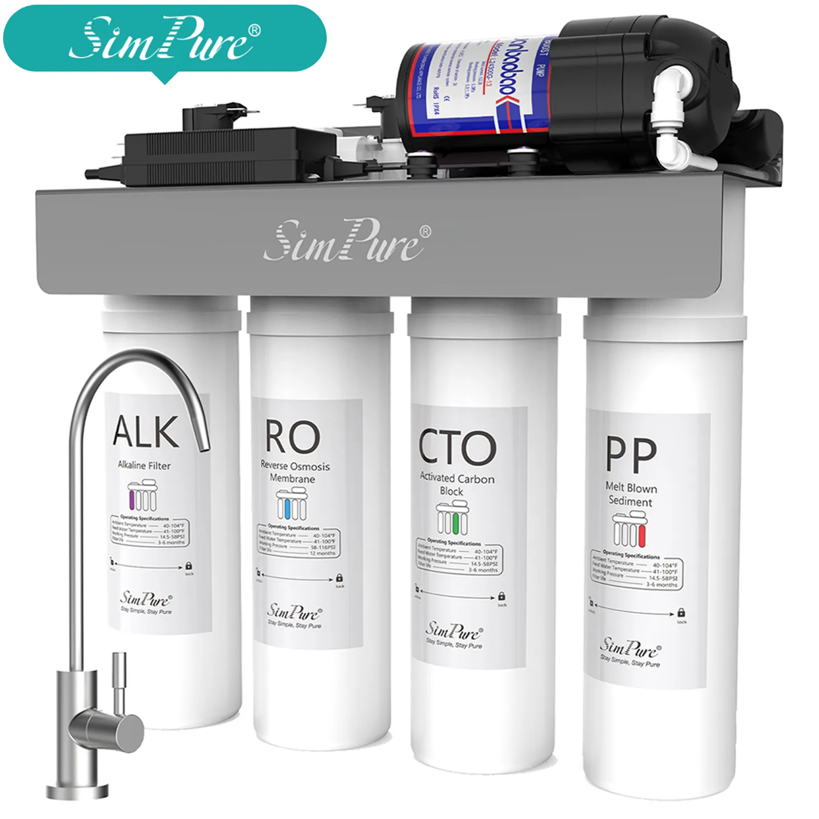 SimPure Alkaline Tankless Reverse Osmosis System, 5 Stage Under Sink Water Filtration Purification with Remineralization | Alkaline+UV Filters