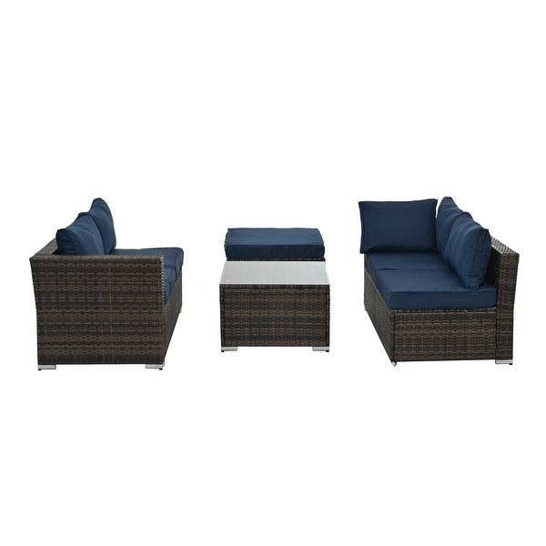 4Piece Patio Conversation Wicker Furniture Set,Sectional Sofa Set with Tempered Glass Coffee Table,Sofa Chair and Ottoman Sets