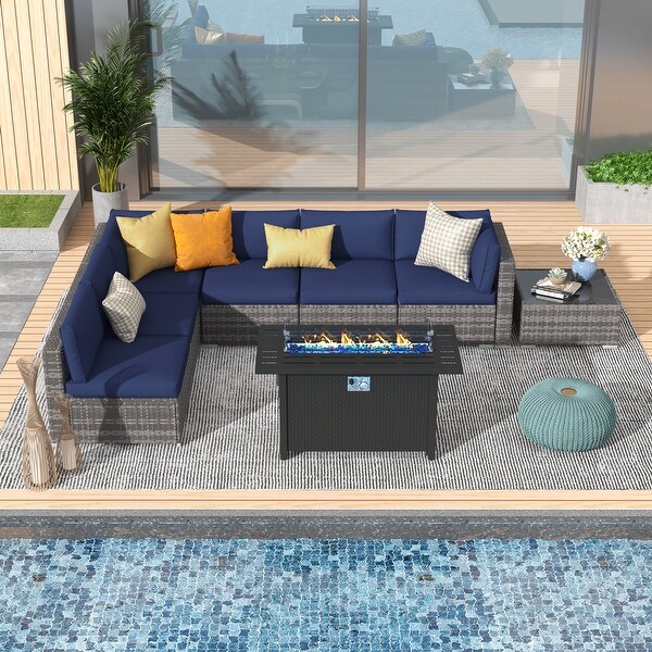 Grey 8Piece Wicker Patio Furniture Set Navy Blue Cushions with Black 45�� 50000 BTU Propane Fire Pit Table