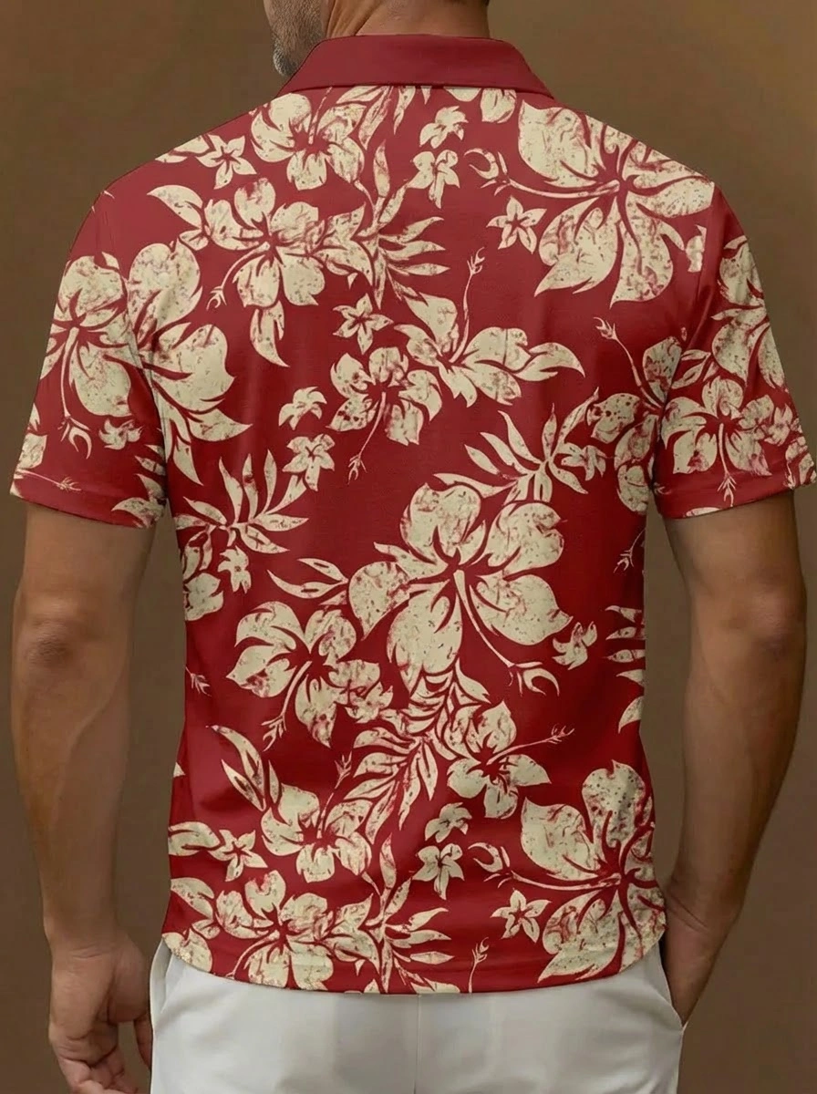 Red Beige Hibiscus Floral Pattern Button Short Sleeve Golf Polo Shirt
