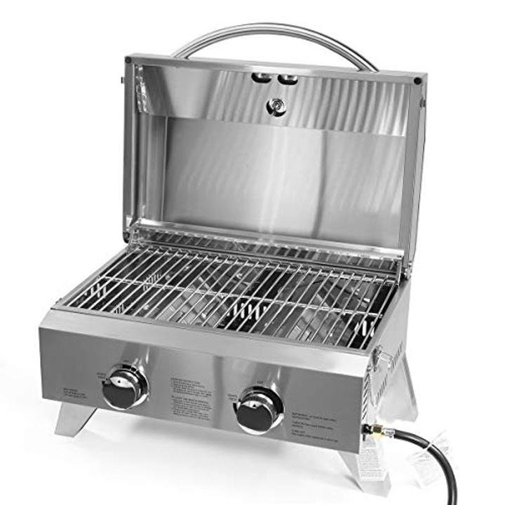 barton-Two-Burner Propane Tabletop Gas Grill Stainless Steel BBQ with Foldable Leg, 20000 BTU, Stainless Steel