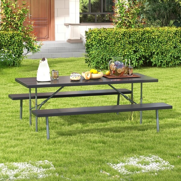 Folding Picnic Table Set with Metal Frame and AllWeather HDPE Tabletop,Umbrella Hole