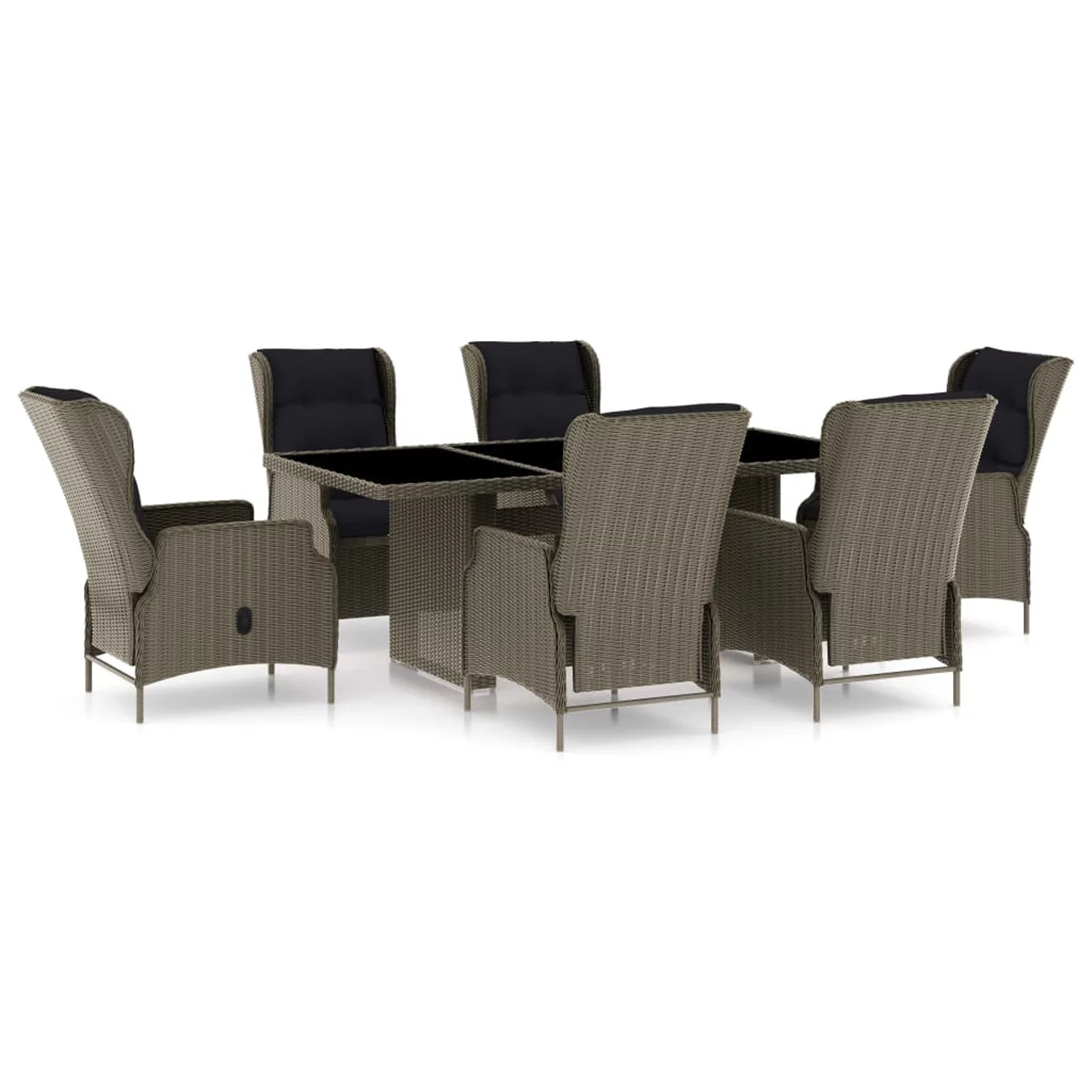 Anself 7 Piece Patio Dining Set Glass Tabletop Table and 6 Backrest Adjustable Chairs with Seat and Back Cushion Brown Poly Rattan for Outdoor, Garden, Backyard, Balcony