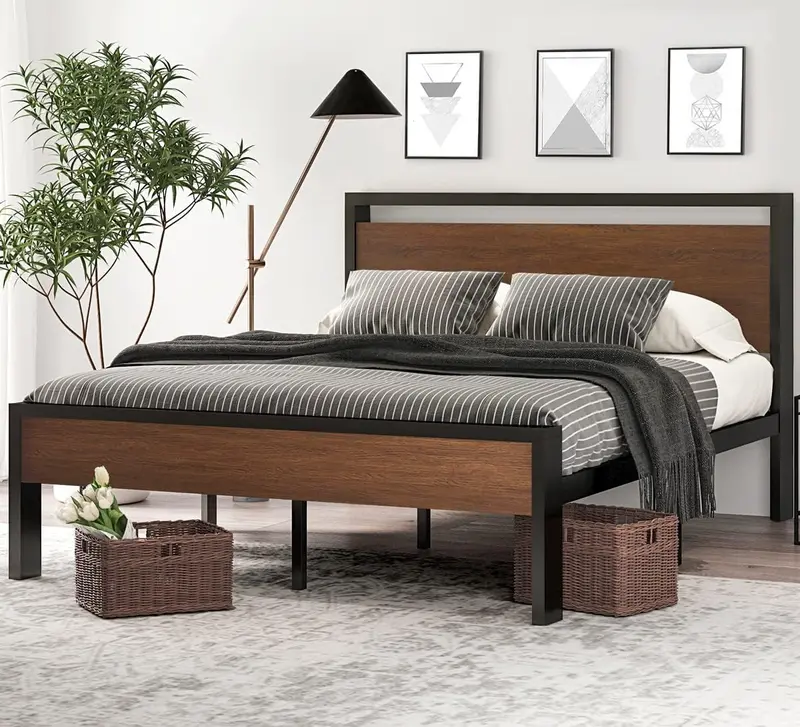 SHA CERLIN Full Metal Platform Bed – 14″ Low-Profile Frame with Wooden Headboard & Footboard