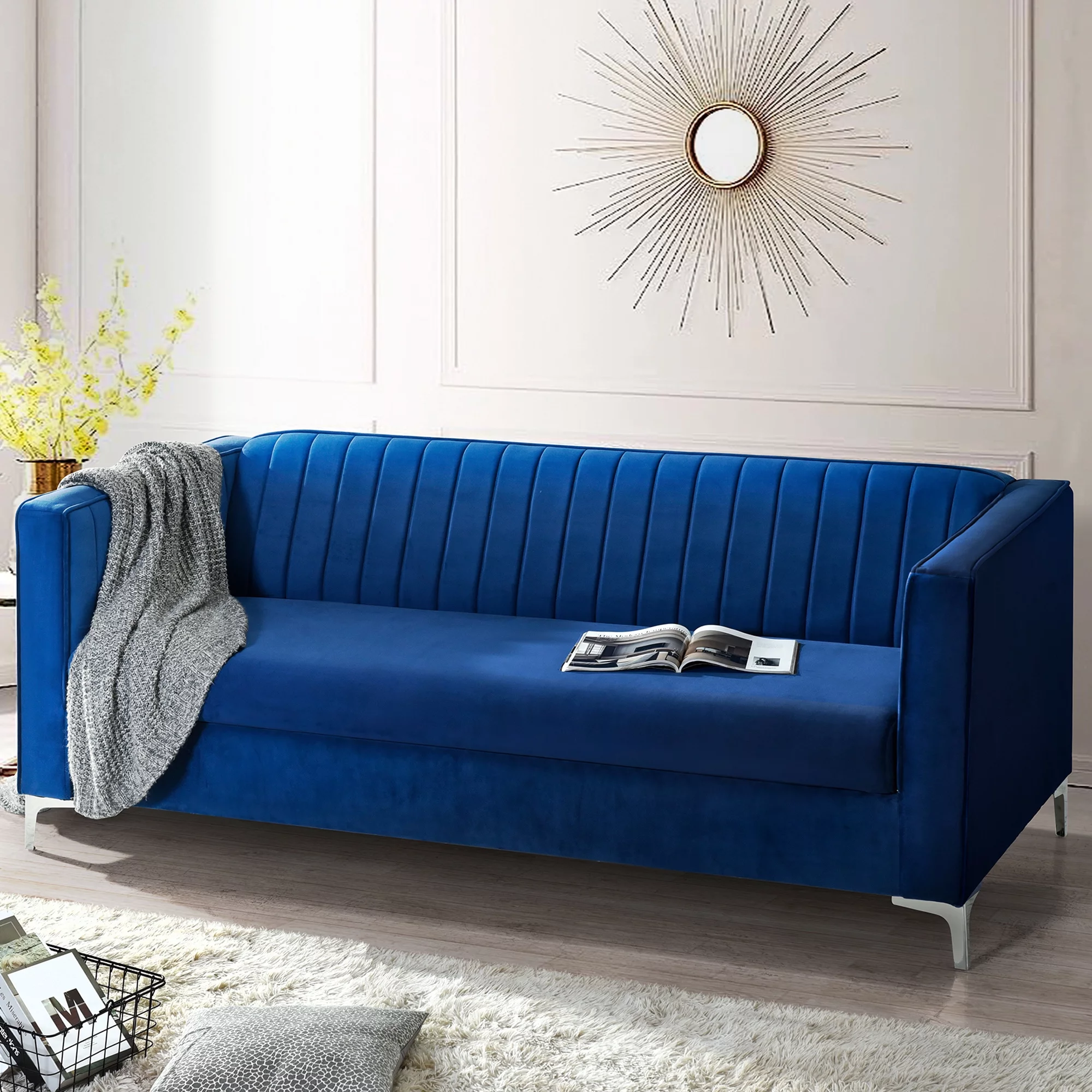 Euroco Mid Century Velvet Sofa for Living Room Loveseat Sofa with Metal Legs, 77