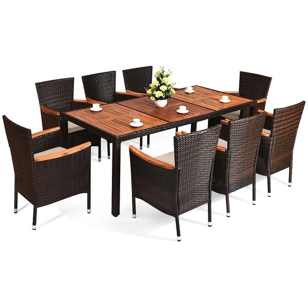 9PCS Patio Rattan Dining Set 8 Chairs Cushioned Acacia Table Top