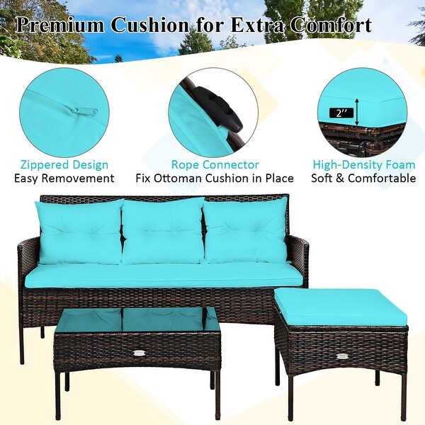 Costway 3PCS Patio Rattan Furniture Set 3Seat Sofa Cushioned Table
