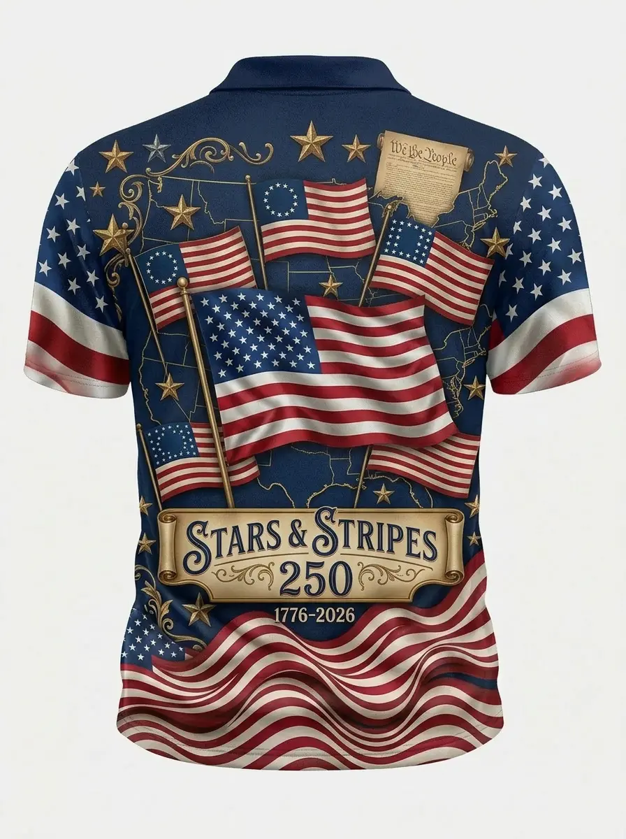 Moisture Wicking Golf Polo 3D Stars & Stripes Betsy Ross Flag 250 Button Short Sleeve Golf Polo Shirt