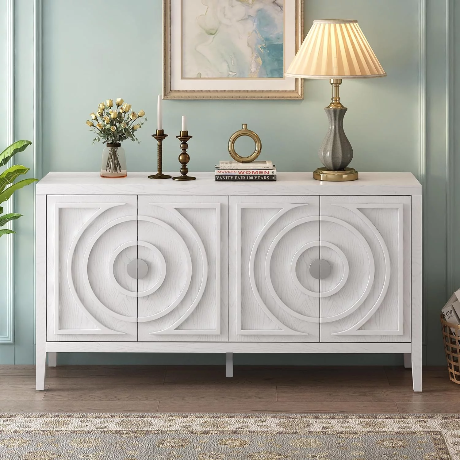 Farmhouse Sideboard Buffet Cabinet With 4 Doors Solid Wood Kitchen Sideboard Cabinet With Metal Handles For Living Room Entrance Rustic Sideboard Console Table 60