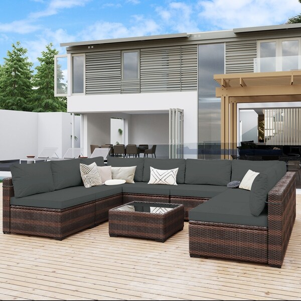 UPHA 9piece Cushioned Wicker Patio Conversation Seating Set