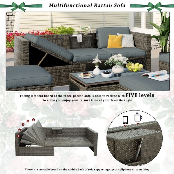 Roomfitters Patio Furniture Set,5Piece Wicker Sofa with Adjustable Backrest,Cushions,Ottomans,LiftTop Coffee Table
