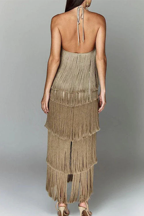Backless Fringe Maxi Dress | Halter Tiered Evening GownClistos