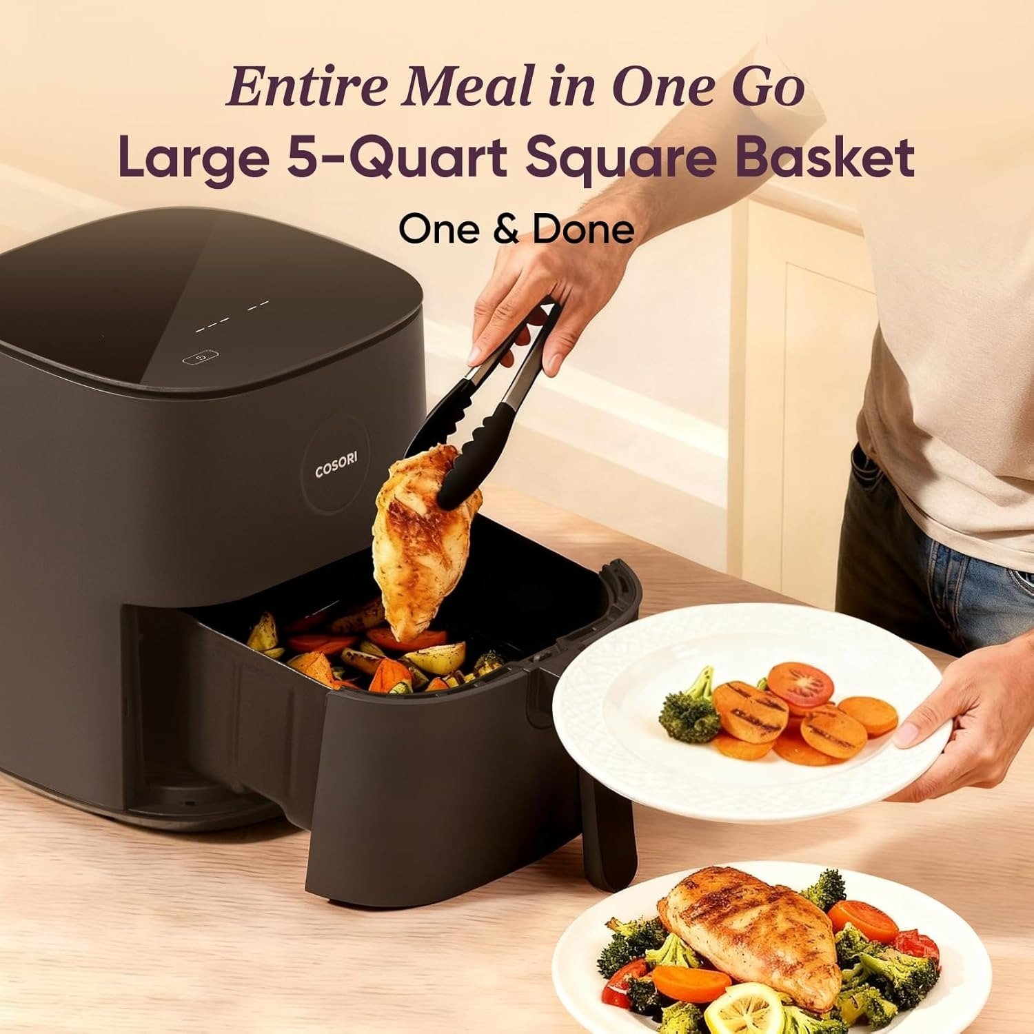 5QT 9-in-1 Compact Air Fryer, 450°F Max Temp, Shake Reminder, Easy-Clean Glass Panel