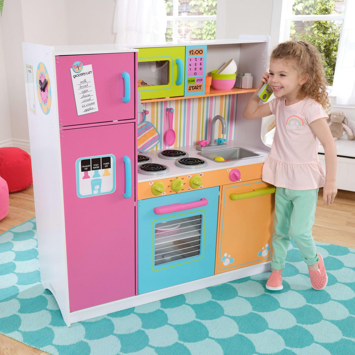 KidKraft Deluxe Big and Bright Wooden Play Kitchen with Play Phone, Neon Colors
